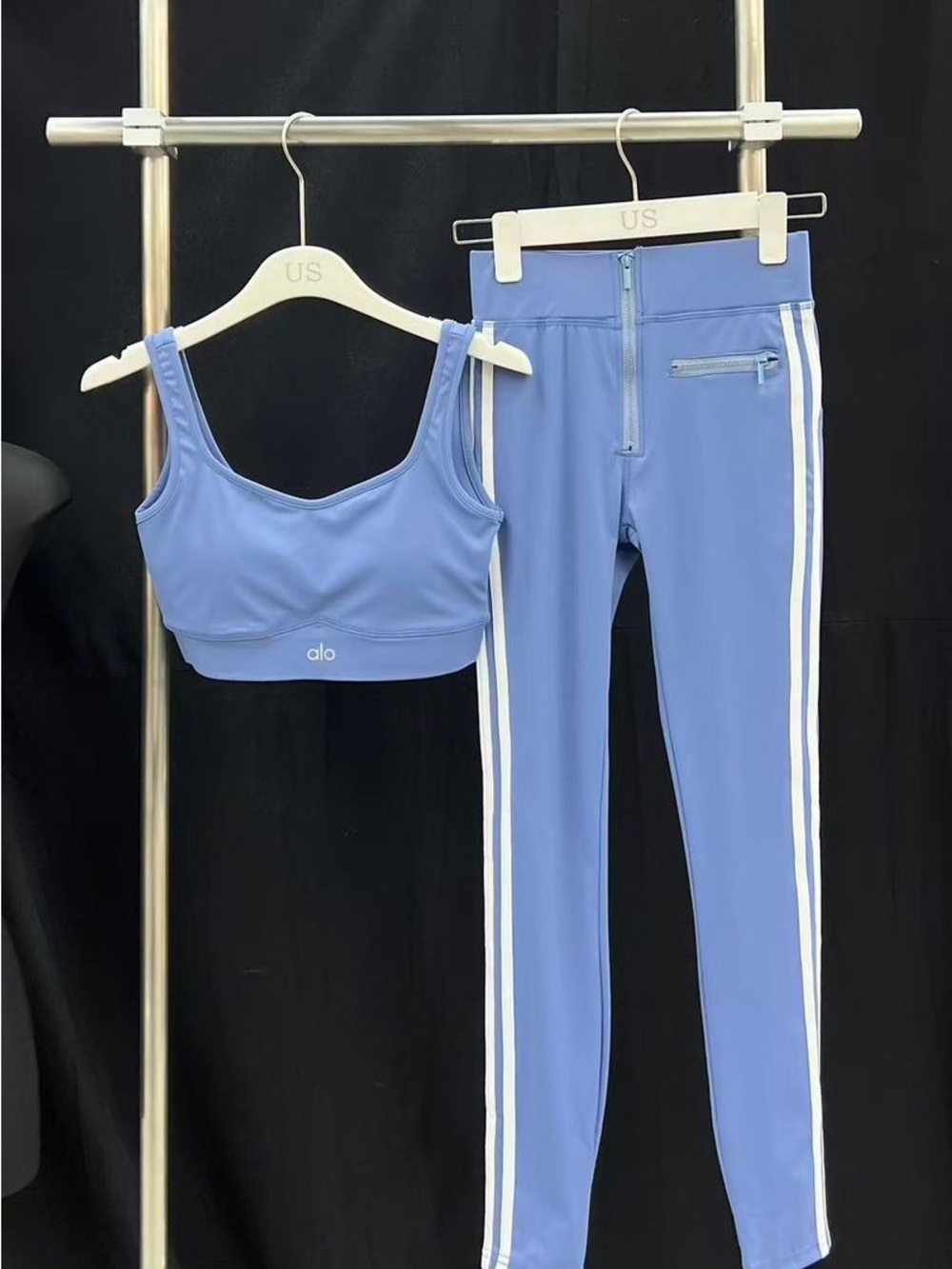 ALO Yoga Periwinkle Blue Leggings & Sports Bra Set with White Side Stripes